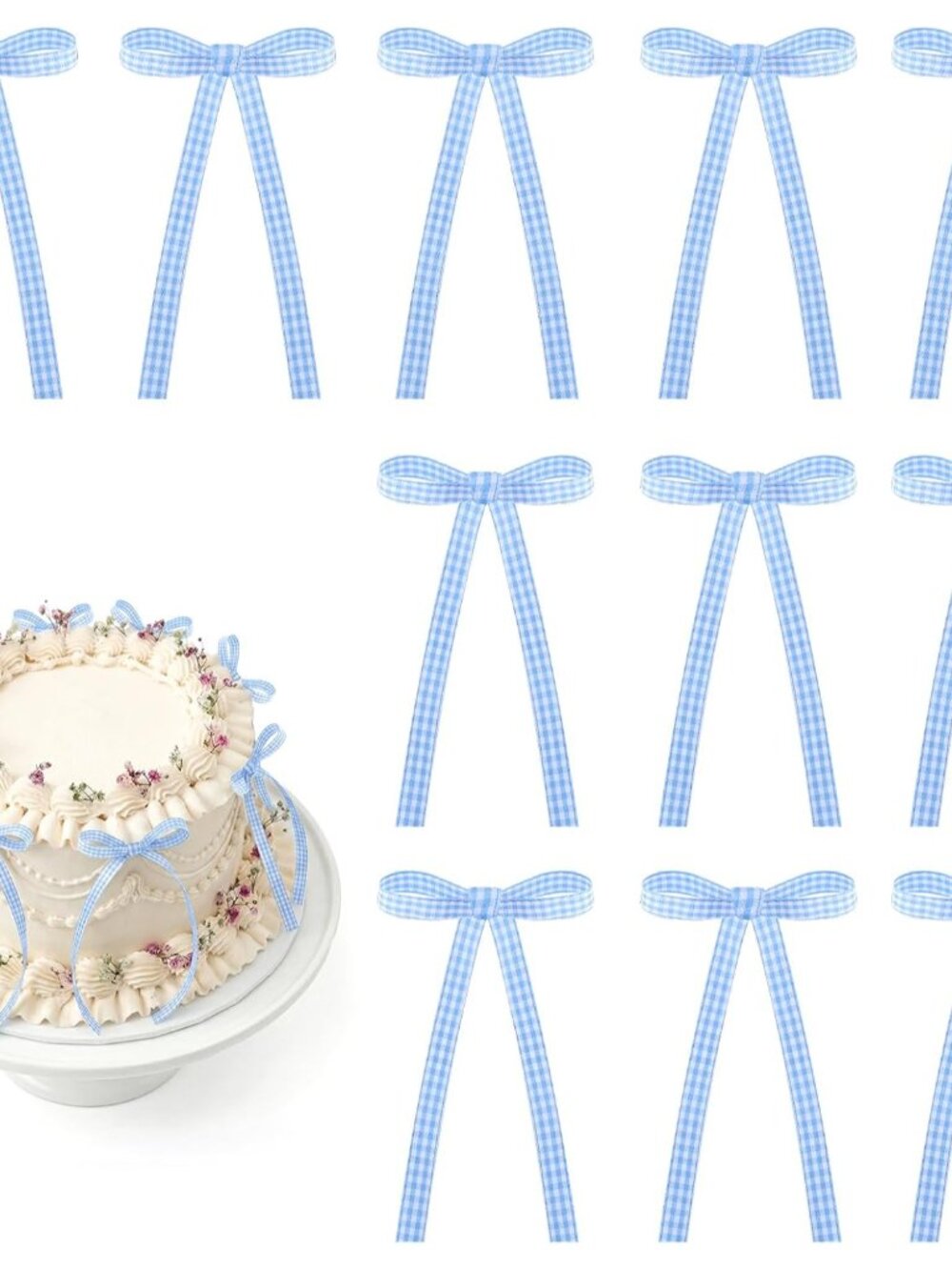 30 Pack Bow Cake Toppers Blue Gingham Ribbon Bows for Cake